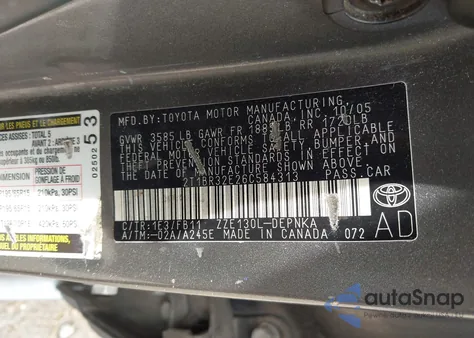 2006 Toyota Corolla Le z USA, uszkodzony, nr VIN 2T1BR32E26C584313